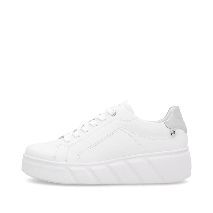 Weiße Rieker Damen Sneaker Low W2601-80 mit einer Schnürung. Schuh Außenseite.