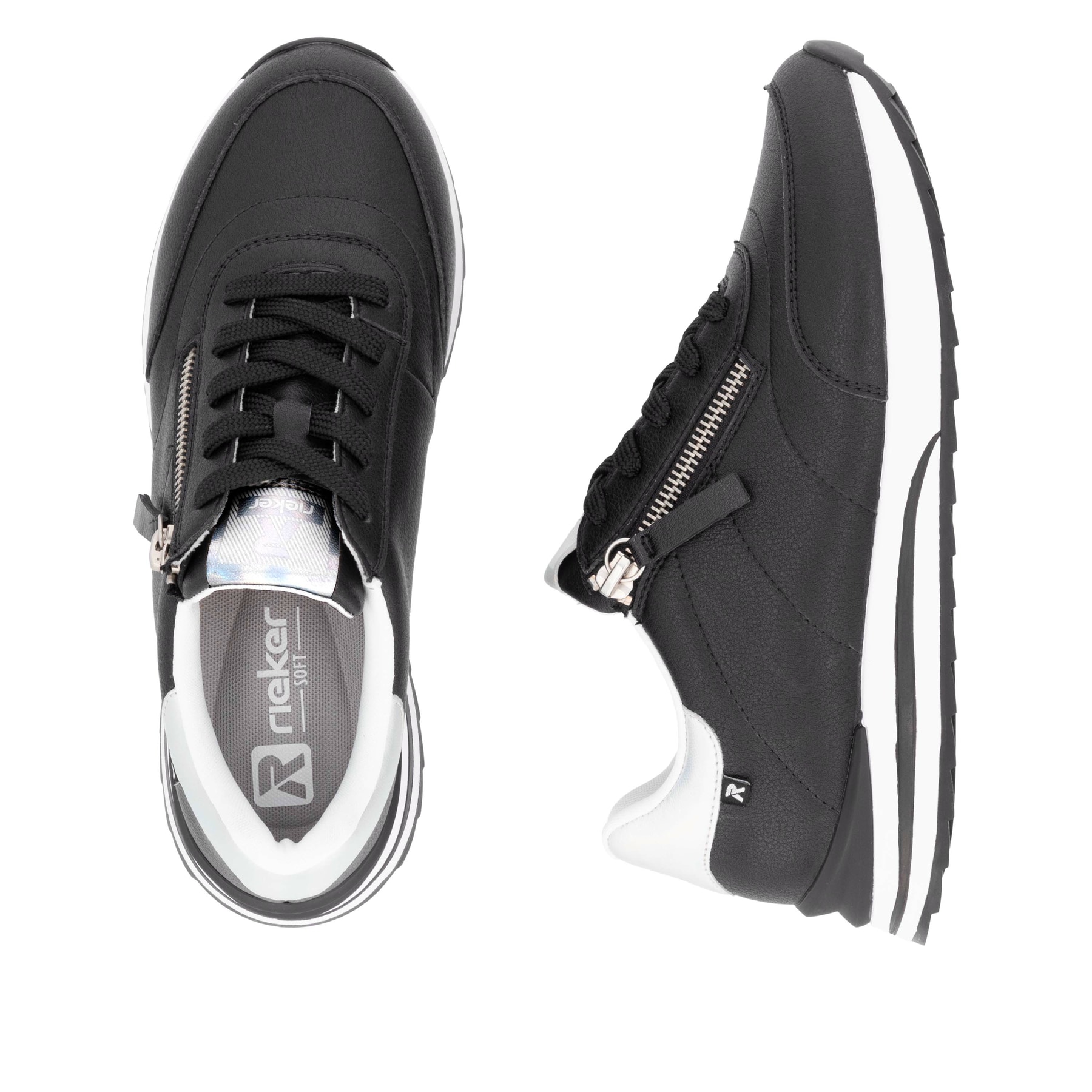 Schwarze Rieker Damen Sneaker Low W2402-00 mit einem Reißverschluss. Schuh von oben, liegend.