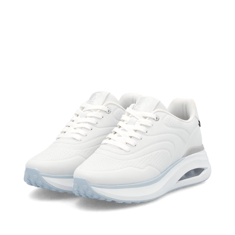 Weiße vegane Rieker Damen Sneaker Low W2700-80 mit einer Schnürung. Schuhpaar seitlich schräg.