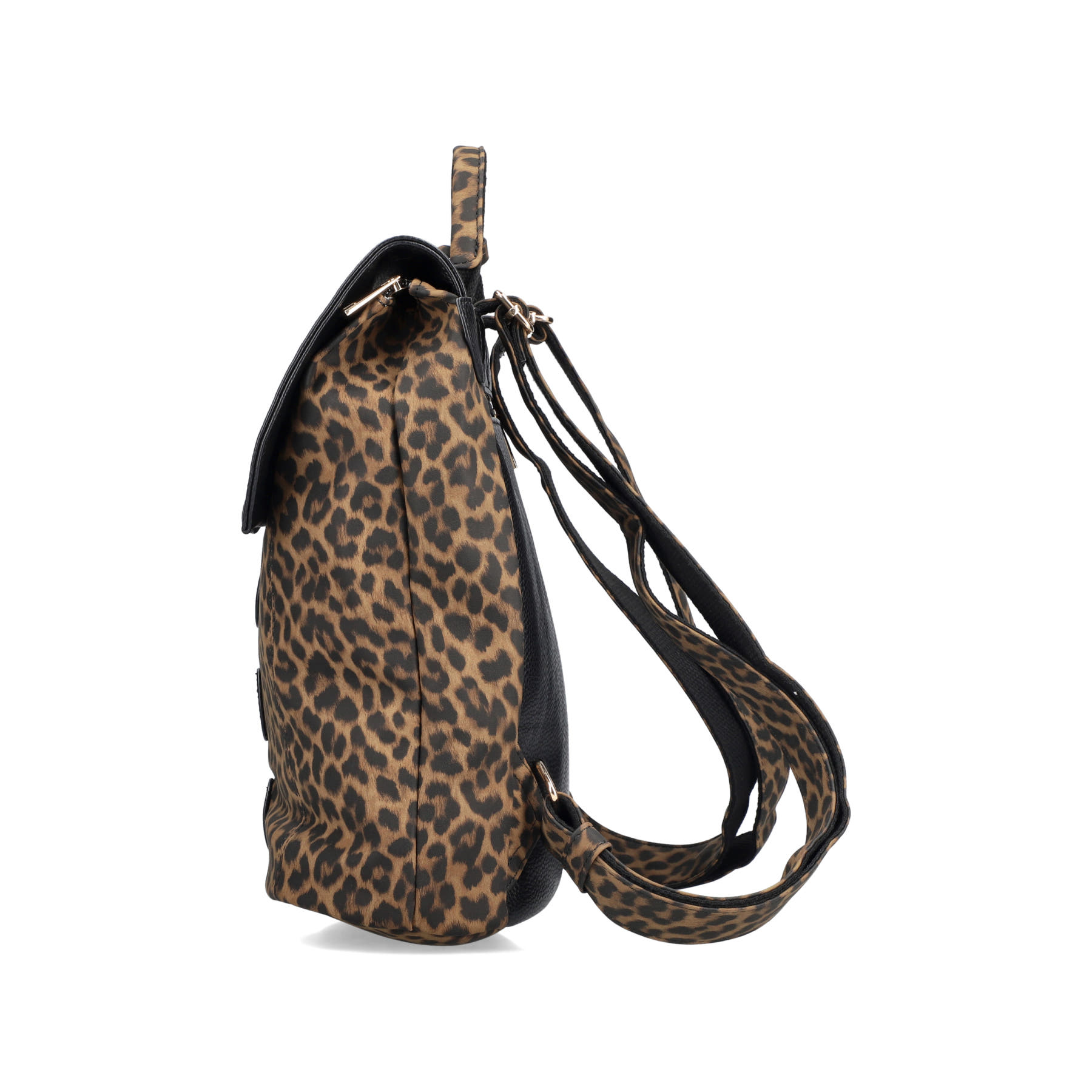 Rieker Rucksack H1357-24 in Animalprint mit bunten Details, Reißverschluss und Handyfach. Linksseitig.