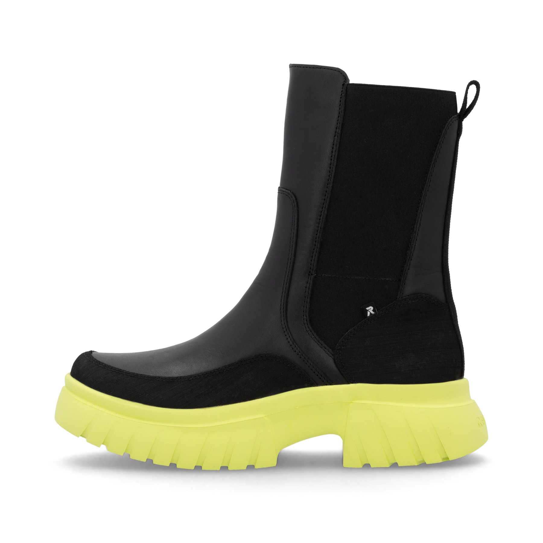 Chelsea Boots  Rieker noires pour femmes W1872-00 avec semelle ultra-légère. Côté extérieur de la chaussure.