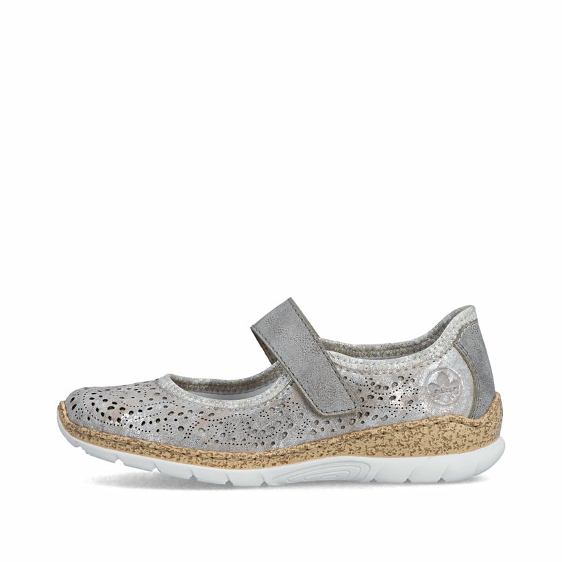Beige Rieker Ballerinas N4299-90 mit metallischem Finish sowie Klettverschluss. Schuh Außenseite.