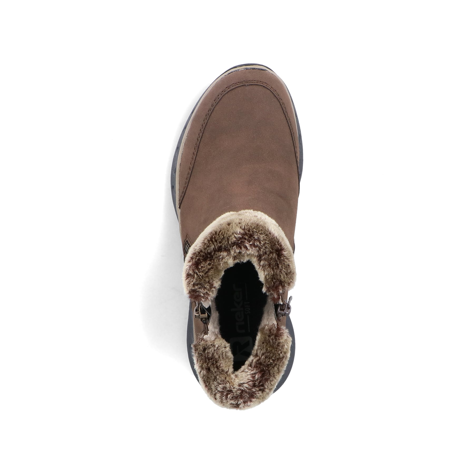 Braune Rieker Damen Kurzstiefel M6560-25 mit Fellkragen sowie Reißverschluss. Schuh von oben.