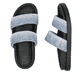 Blaue vegane Rieker Damen Pantoletten W1451-14 mit einer ultraleichten Sohle. Schuh von oben, liegend.