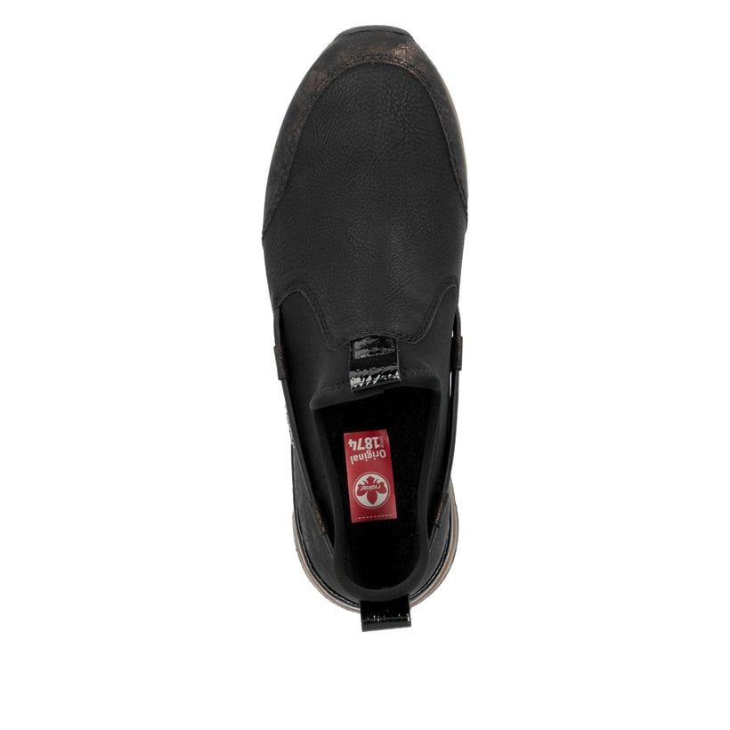 Urbanschwarze Rieker Damen Slipper 58954-00 mit elastischem Schaftrand. Schuh von oben.