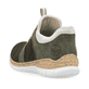 Grüne Rieker Damen Slipper N42G4-54 mit Ready2GO Slip-in Funktion sowie Gummizug. Schuh von hinten.
