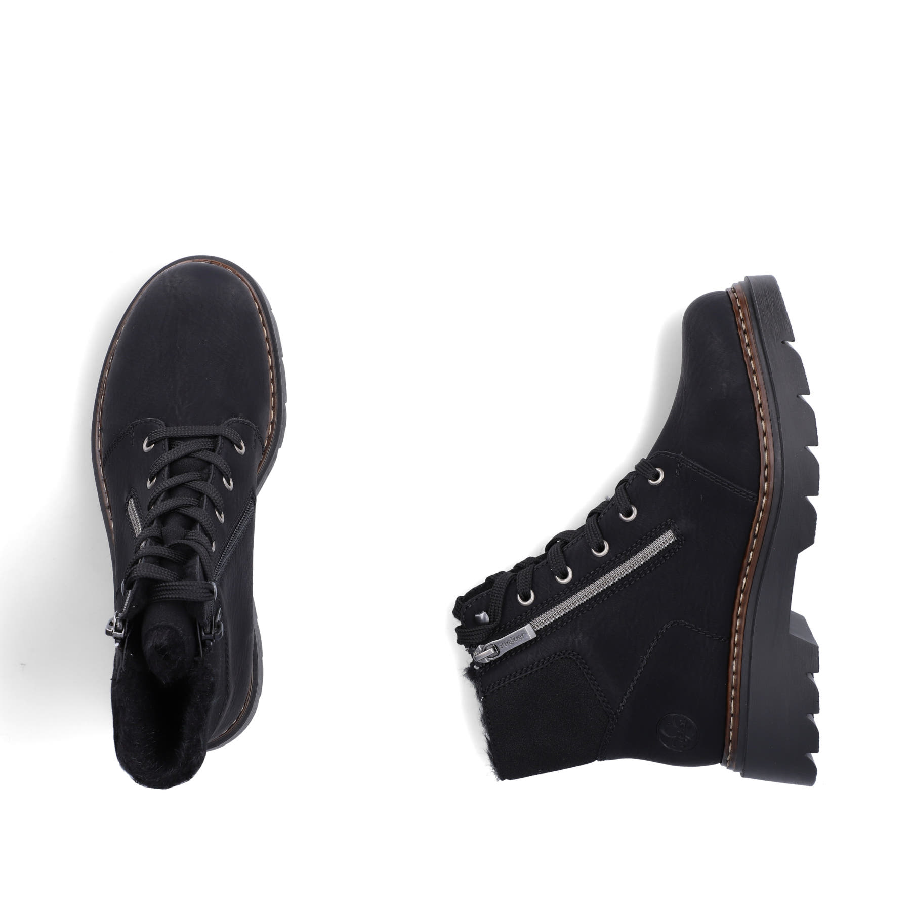 Schwarze Rieker Damen Schnürstiefel 76720-00 mit einem Reißverschluss. Schuh von oben, liegend.