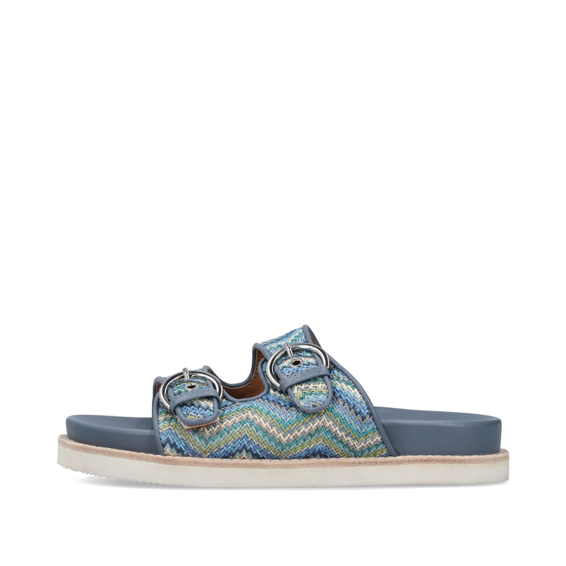 Mehrfarbige Rieker Damen Pantoletten V9584-91 mit einem Schnallen. Schuh Außenseite.