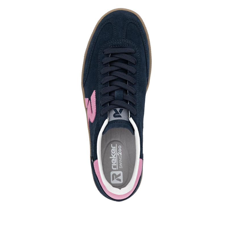 Blaue Rieker Damen Sneaker Low W2200-15 mit Schnürung sowie abriebfester Sohle. Schuh von oben.