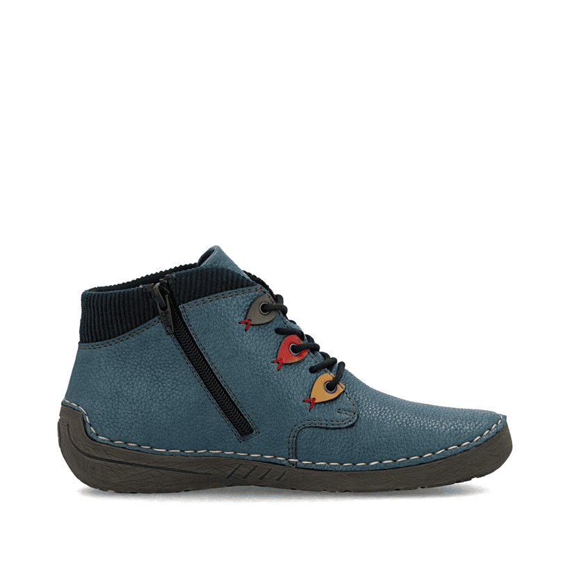 Blaue Rieker Damen Kurzstiefel 52544-14 mit einem Reißverschluss. Schuh Innenseite.