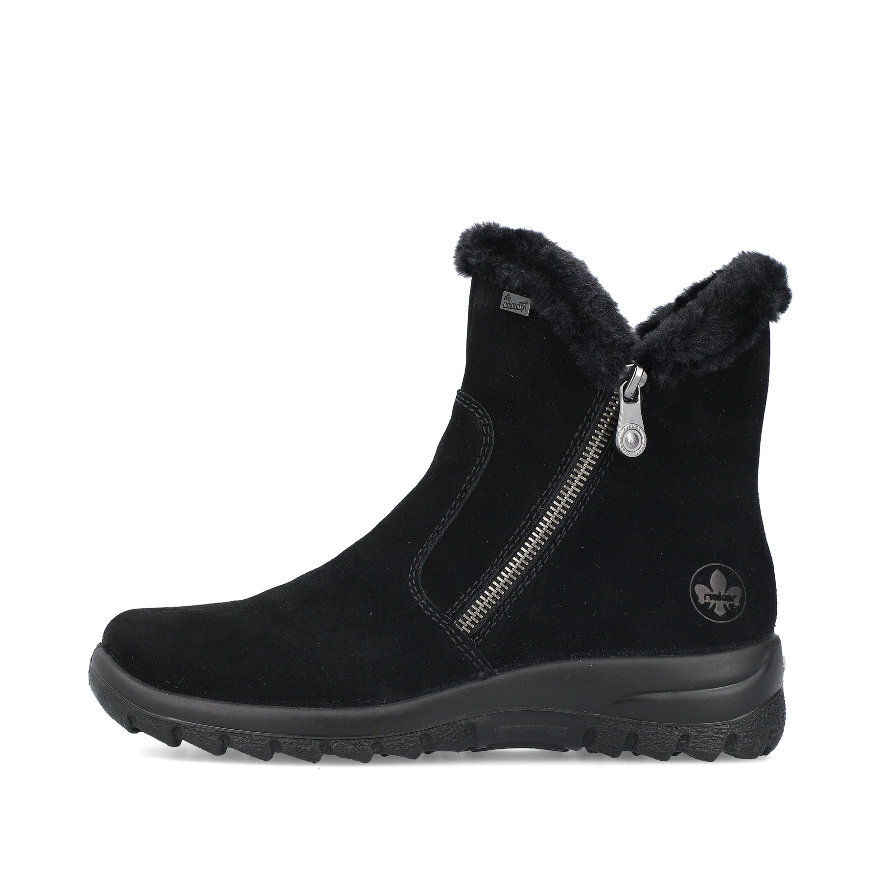 Tiefschwarze Rieker Damen Kurzstiefel L7162-00 mit einer schockabsorbierenden Sohle. Schuh Außenseite