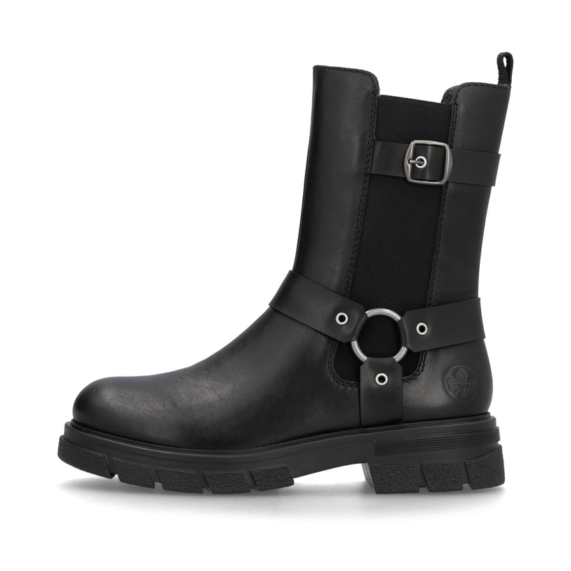 
Tiefschwarze Rieker Damen Kurzstiefel Z9172-00 mit einer robusten Profilsohle. Schuh seitlich schräg