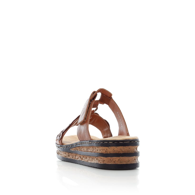 Mules Rieker marron pour femme 629K9-24 avec fermeture velcro. Chaussure vue de l'arrière.