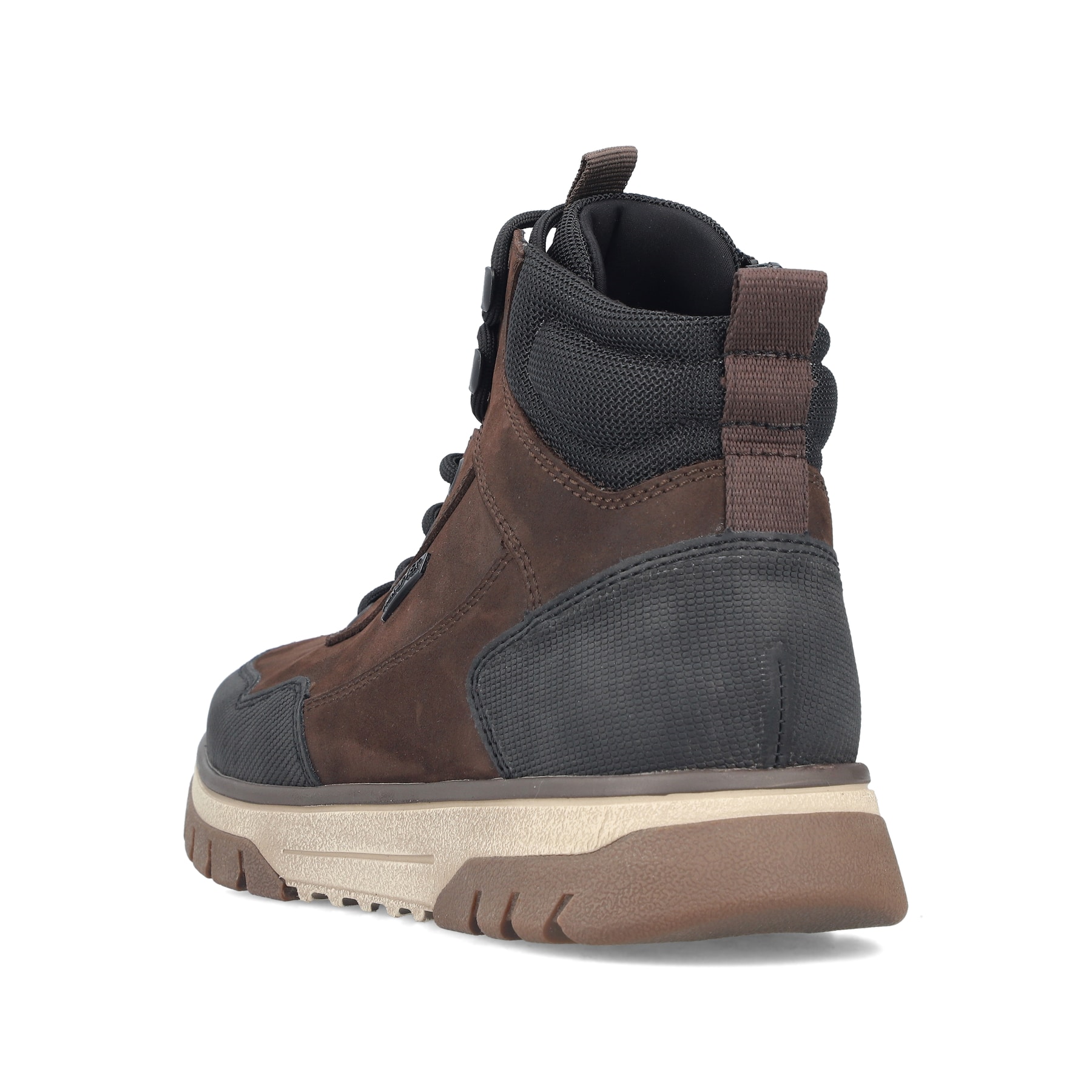 Schwarz-dunkelbraune Rieker Herren Schnürstiefel B9310-24 aus Rauleder. Schuh von hinten.
