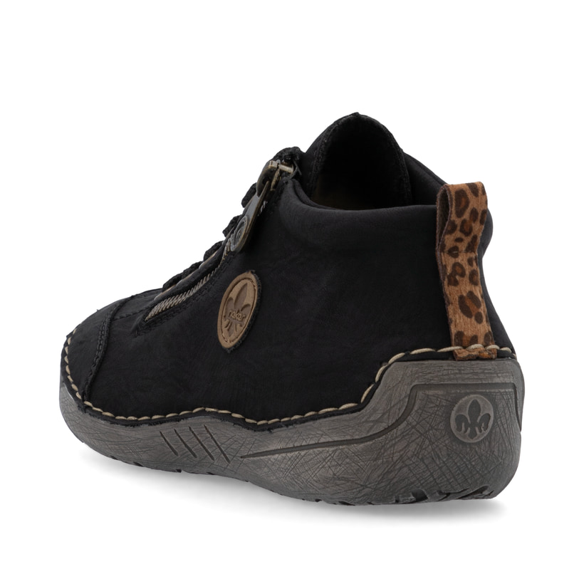 Schwarze Rieker Damen Schnürstiefel 52514-00 mit rundem Logo. Schuh von hinten.