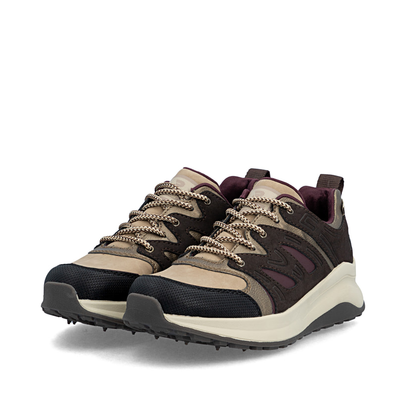 Braun-schwarze Rieker Damen Sneaker Low Z0900-25 mit einer Schnürung. Schuhpaar seitlich schräg.