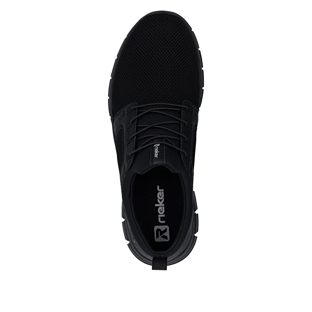 Mocassins Rieker noirs pour homme B7796-01 avec bande élastique. Chaussure vue de dessus.