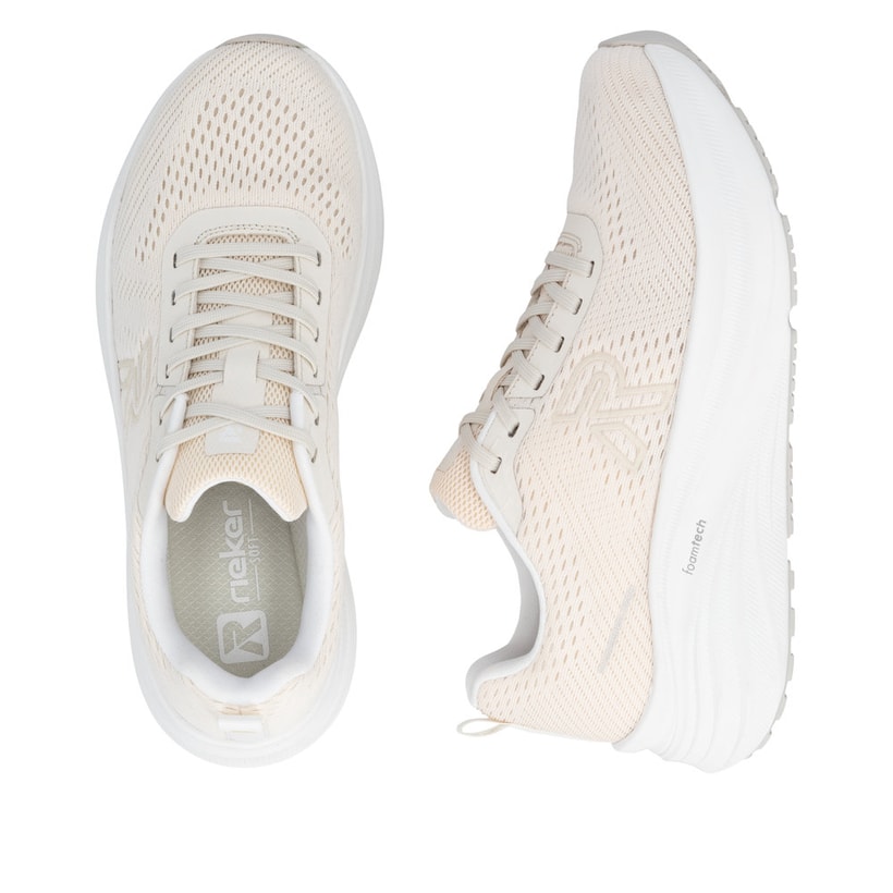 Beige Rieker Damen Sneaker Low W4101-60 mit Schnürung sowie ultraleichter Sohle. Schuh von oben, liegend.