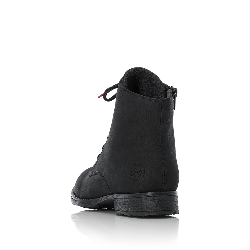 Graphitschwarze Rieker Damen Schnürstiefel 70821-00 mit Schnürung und Reißverschluss. Schuh von hinten