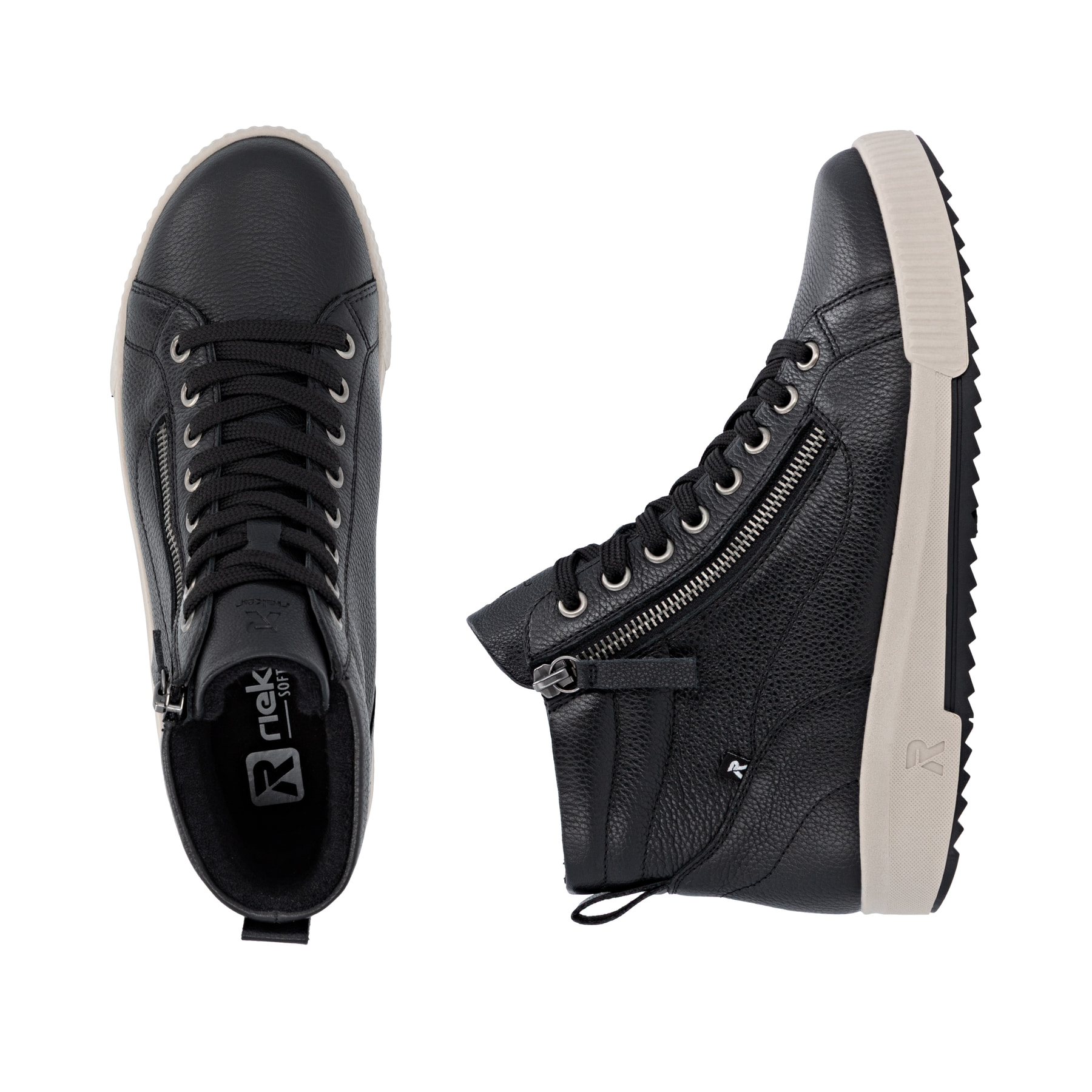 Schwarze Rieker Damen Sneaker High W0164-00 aus Glattleder. Schuh von oben, liegend.