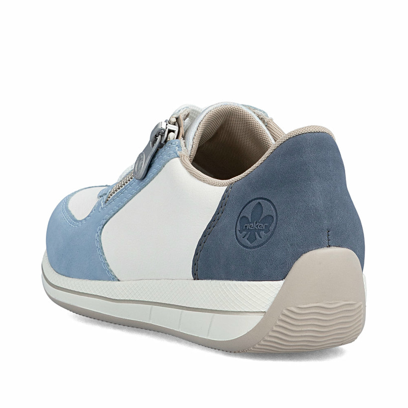 Baskets basses Rieker bleues pour femme N1112-10 avec fermeture éclair. Chaussure vue de l'arrière.