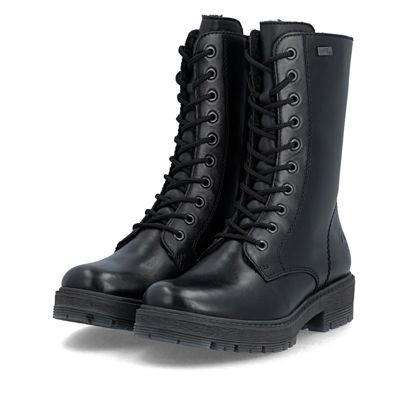 Schwarze Rieker Damen Schnürstiefel 75801-00 aus Glattleder. Schuhpaar seitlich schräg.