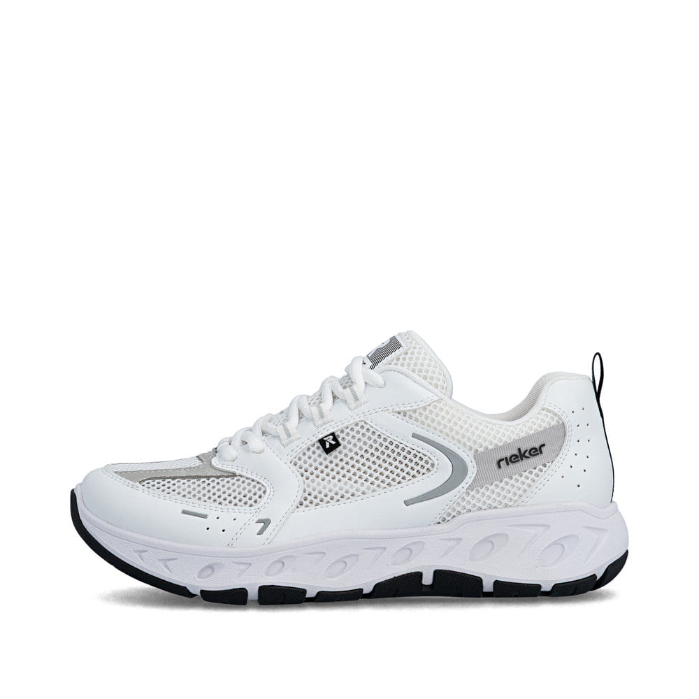Weiße Rieker Damen Sneaker Low M6501-80 mit einer Schnürung sowie Komfortweite G. Schuh Außenseite.