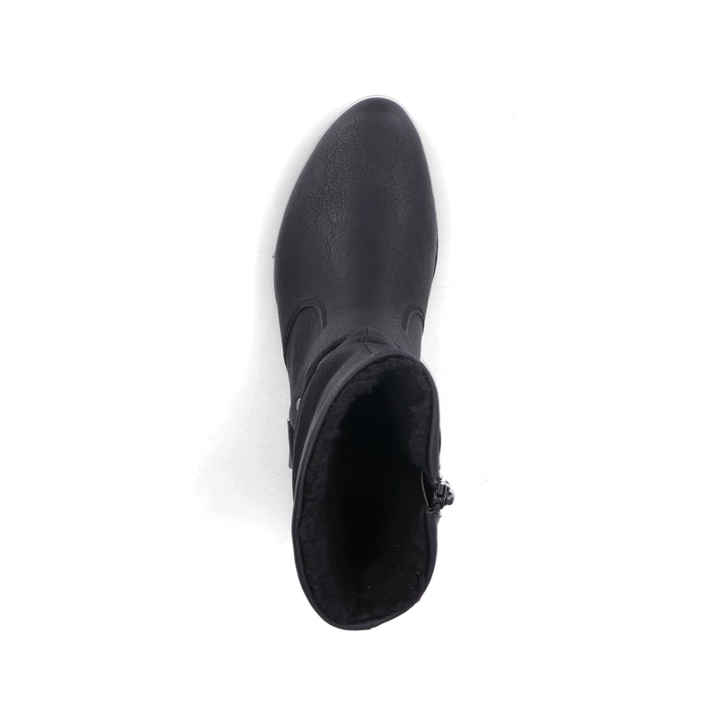 Mattschwarze Rieker Damen Kurzstiefel Y1760-00 mit geraffter Optik. Schuh von oben.
