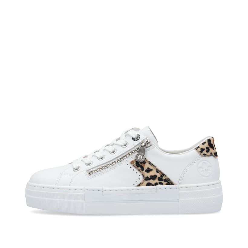 Weiße Rieker Damen Sneaker Low N4924-81 mit einem Reißverschluss. Schuh Außenseite.