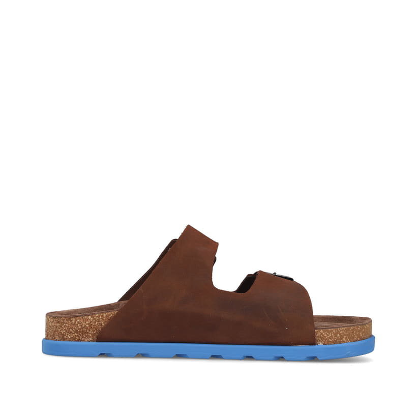 Braune Rieker Herren Pantoletten 21190-28 aus Rauleder mit farbiger Sohle. Schuh Innenseite.