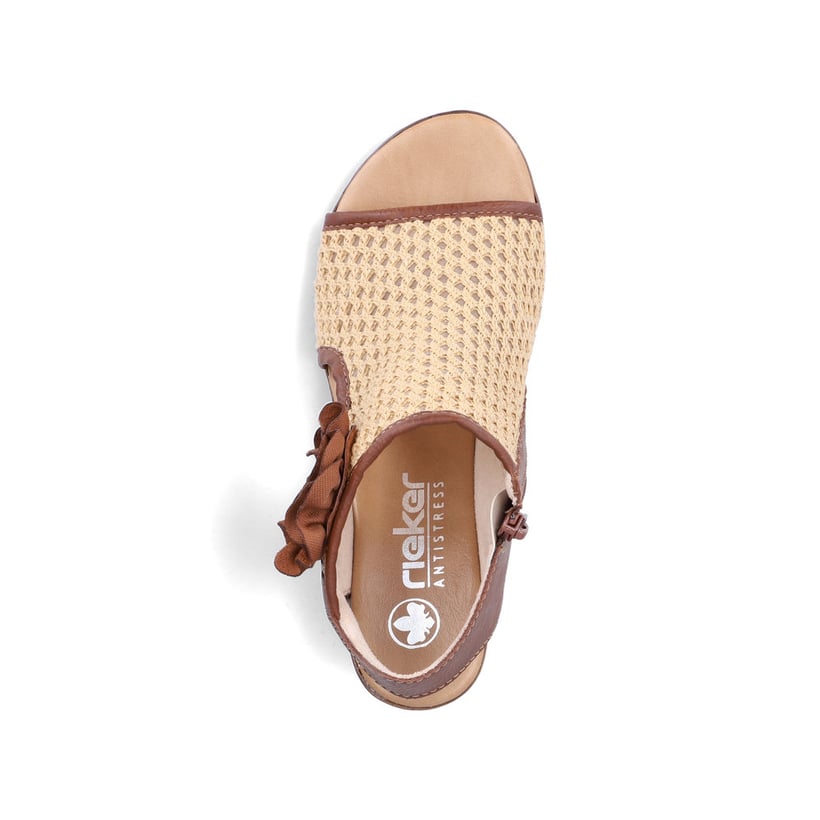 Braune Rieker Damen Sandaletten 64694-24 mit dekorativer Blume. Schuh von oben.