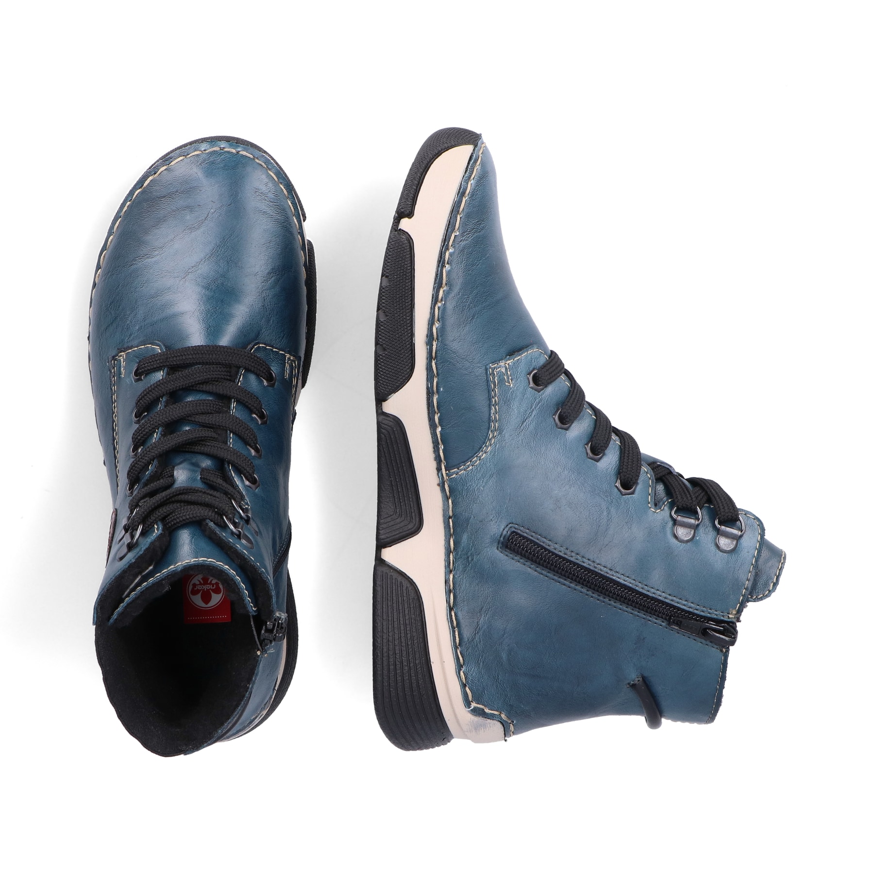 Blaue Rieker Damen Schnürstiefel 45943-12 mit rundem Logo sowie Reißverschluss. Schuh von oben, liegend.