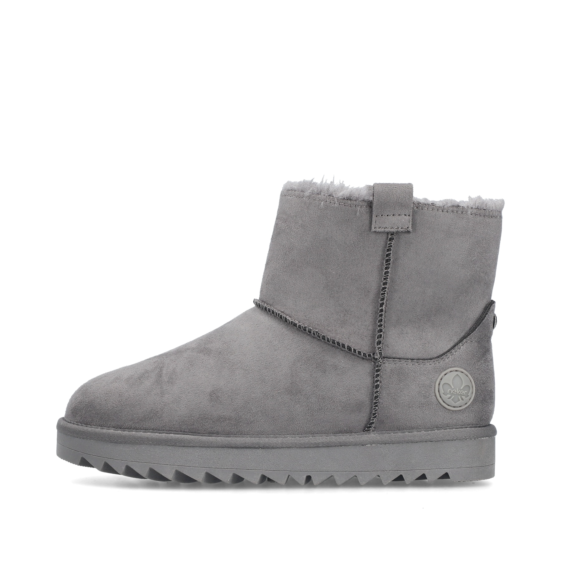 Graue Rieker Damen Kurzstiefel 99870-45 mit Fellschaftrand sowie Komfortweite G. Schuh Außenseite.