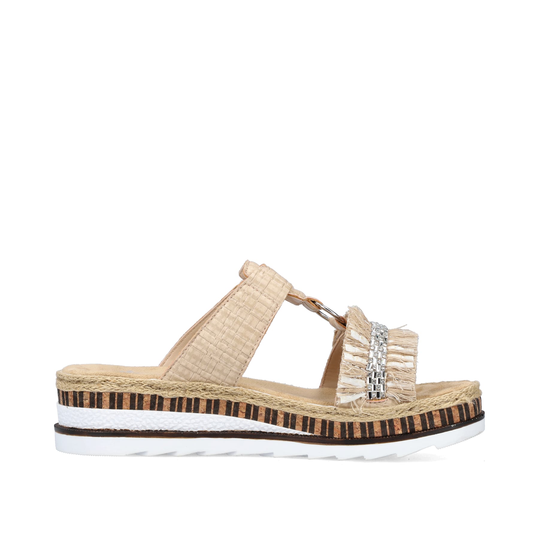 Cremebeige Rieker Damen Pantoletten V79K8-60 mit einem Klettverschluss. Schuh Innenseite.