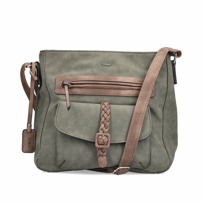 Rieker Handtasche H1340-54 in Grün mit geflochtenem Deko-Riemen, Reißverschluss und Handyfach. Vorderseite.