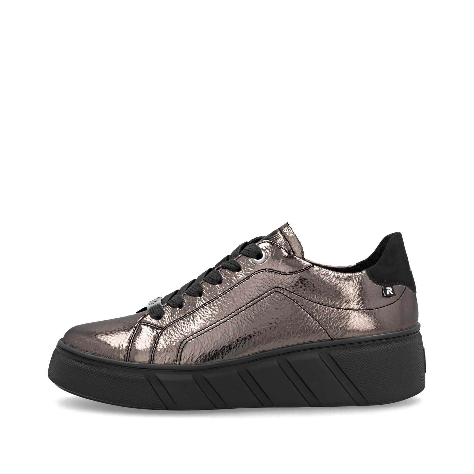 Baskets basses Rieker métalliques pour femme W2601-91 en cuir lisse. Côté extérieur de la chaussure.