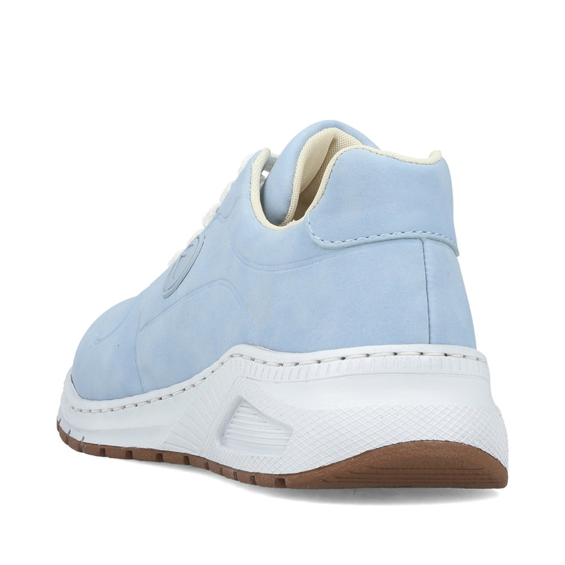 Blaue Rieker Damen Sneaker Low M4903-12 mit abgesetztem Logo sowie Schnürung. Schuh von hinten.