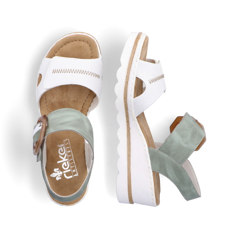 Weiße Rieker Keilsandaletten 67476-81 mit trendigen Schnalle. Schuh von oben, liegend.