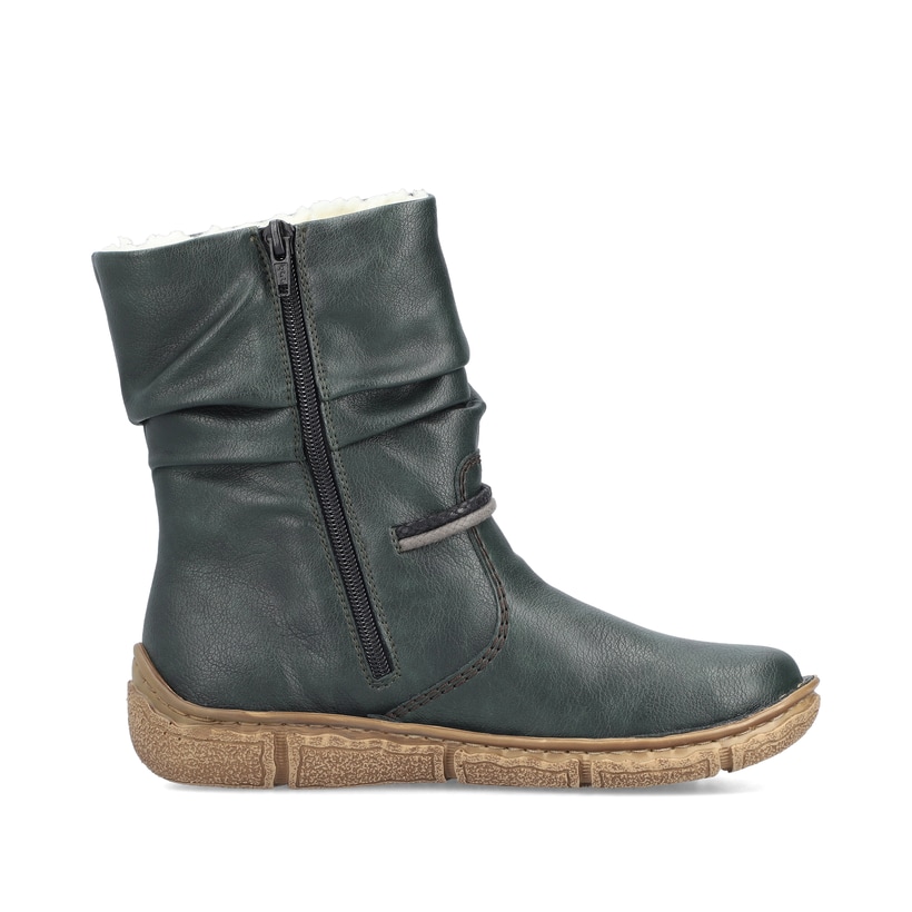 Türkisfarbene Rieker Damen Kurzstiefel Z3774-54 mit modischer Kordel. Schuh von hinten.