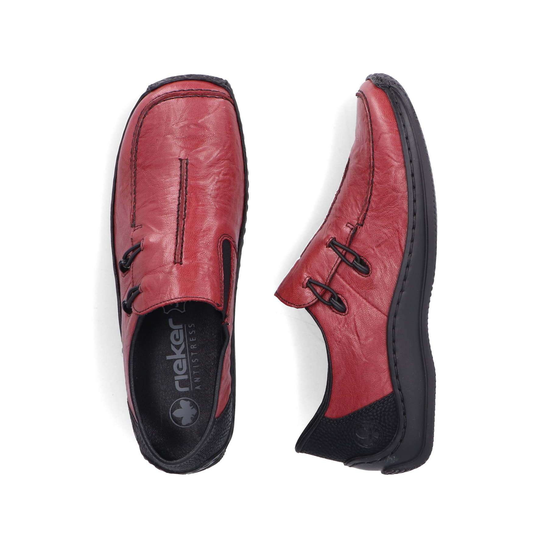 Mocassins Rieker rouges femme L1751-35 en cuir lisse avec bande élastique. Chaussure vue de dessus, couchée.