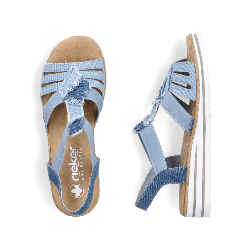 Blaue Rieker Damen Riemchensandalen V0678-12 mit einem Gummizug. Schuh von oben, liegend.