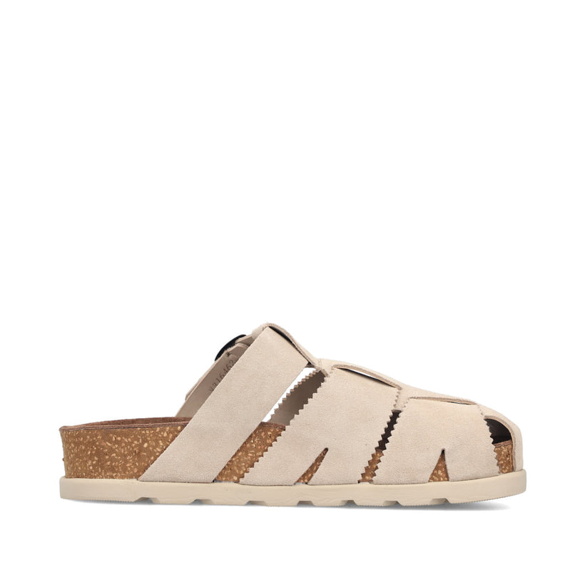Mules Rieker beiges pour femme V3164-62 en cuir velours avec boucles. Côté intérieur de la chaussure.