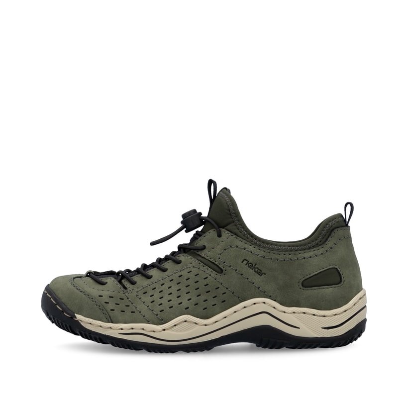 Grüne Rieker Damen Slipper L0574-54 mit einem Gummizug. Schuh Außenseite.