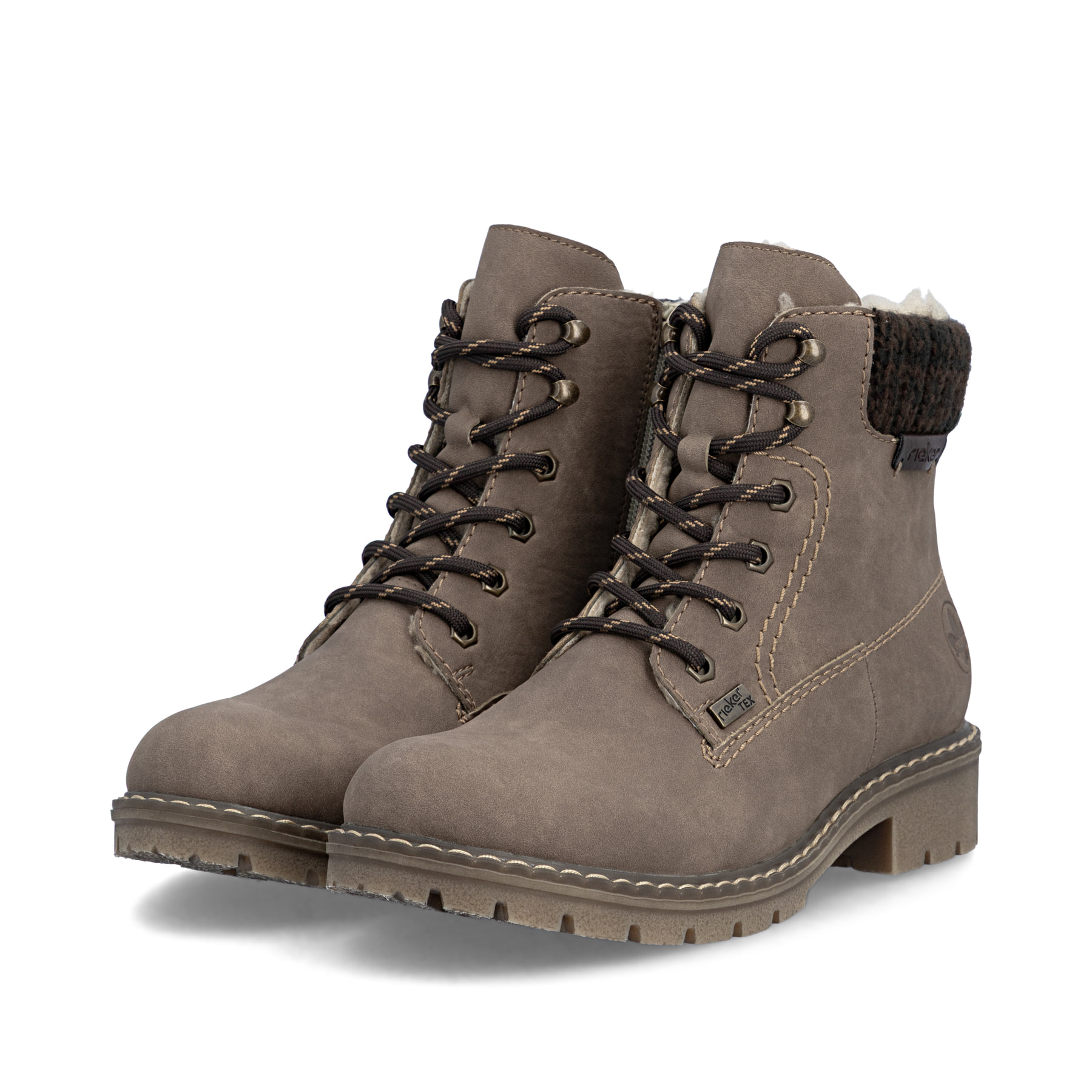 Zimtfarbene Rieker Damen Schnürstiefel Y9118-24 mit Strick-Kragen. Schuhpaar seitlich schräg.