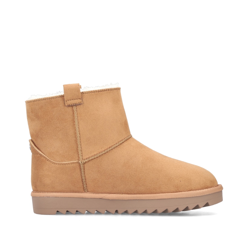 Braune Rieker Damen Kurzstiefel 99870-24 mit Fellschaftrand sowie Komfortweite G. Schuh von hinten.