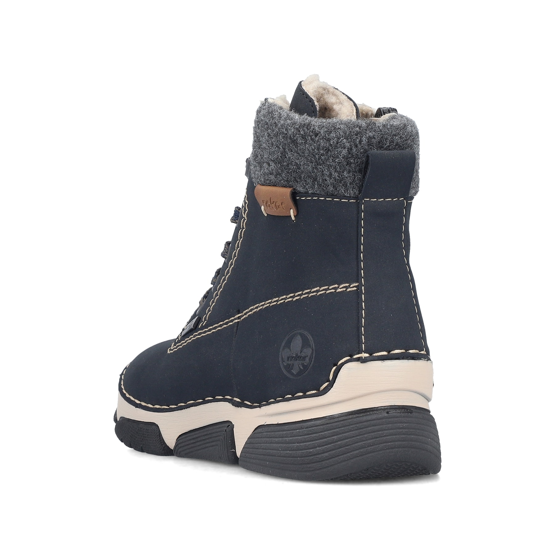 Dunkelblaue Rieker Damen Schnürstiefel 45925-14 mit einem Reißverschluss. Schuh von hinten.