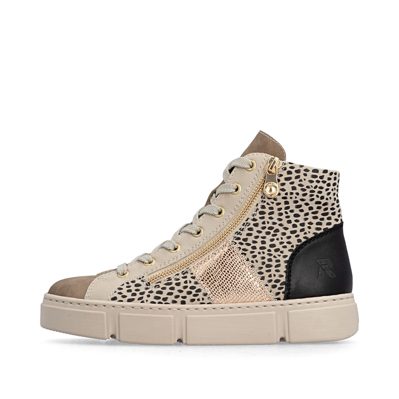Baskets montantes Rieker beiges pour femme N5931-62 avec imprimé animal. Côté extérieur de la chaussure.