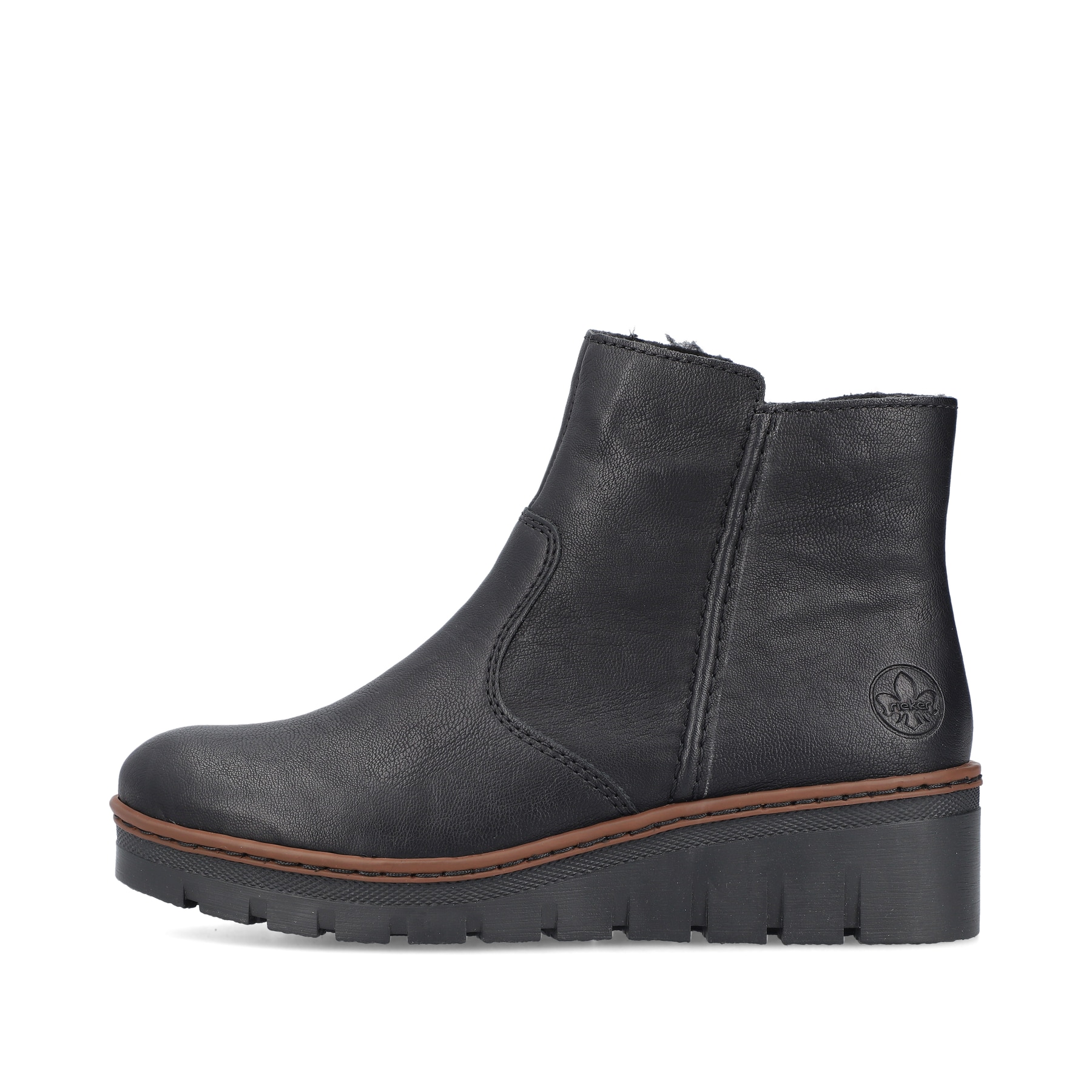 Bottines Rieker noires pour femmes X9165-00 avec fermeture éclair. Côté extérieur de la chaussure.