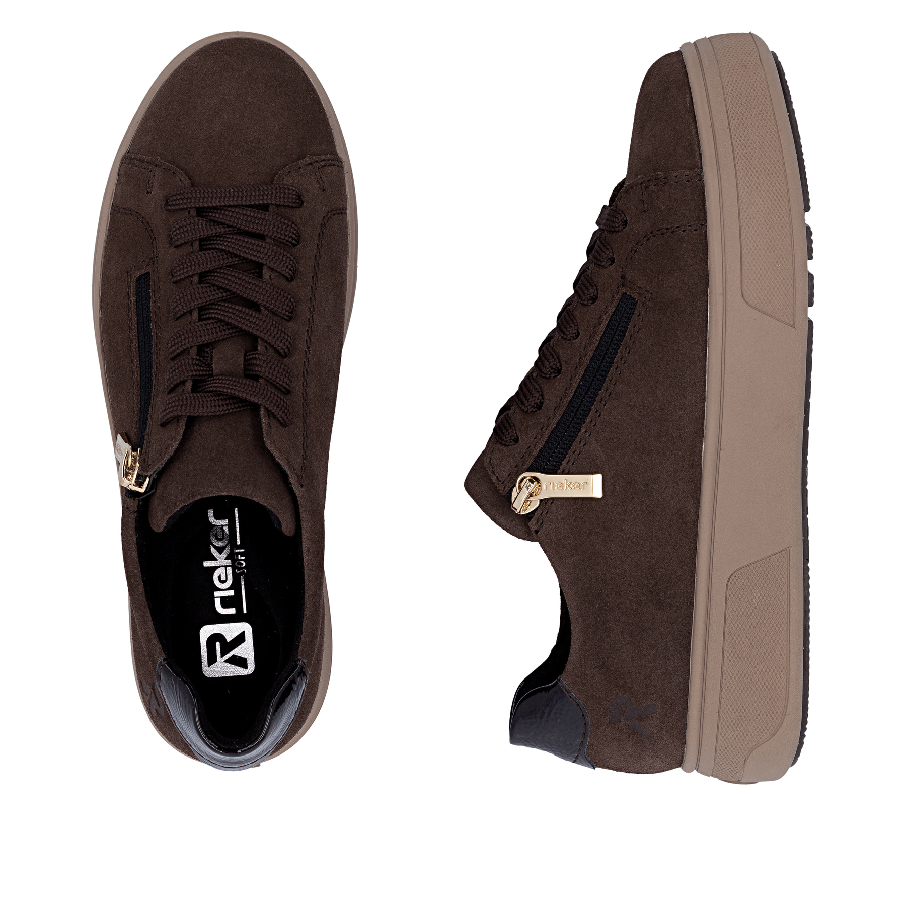 Dunkelbraune Rieker Damen Sneaker Low M7701-25 aus Rauleder mit Reißverschluss. Schuh von oben, liegend.