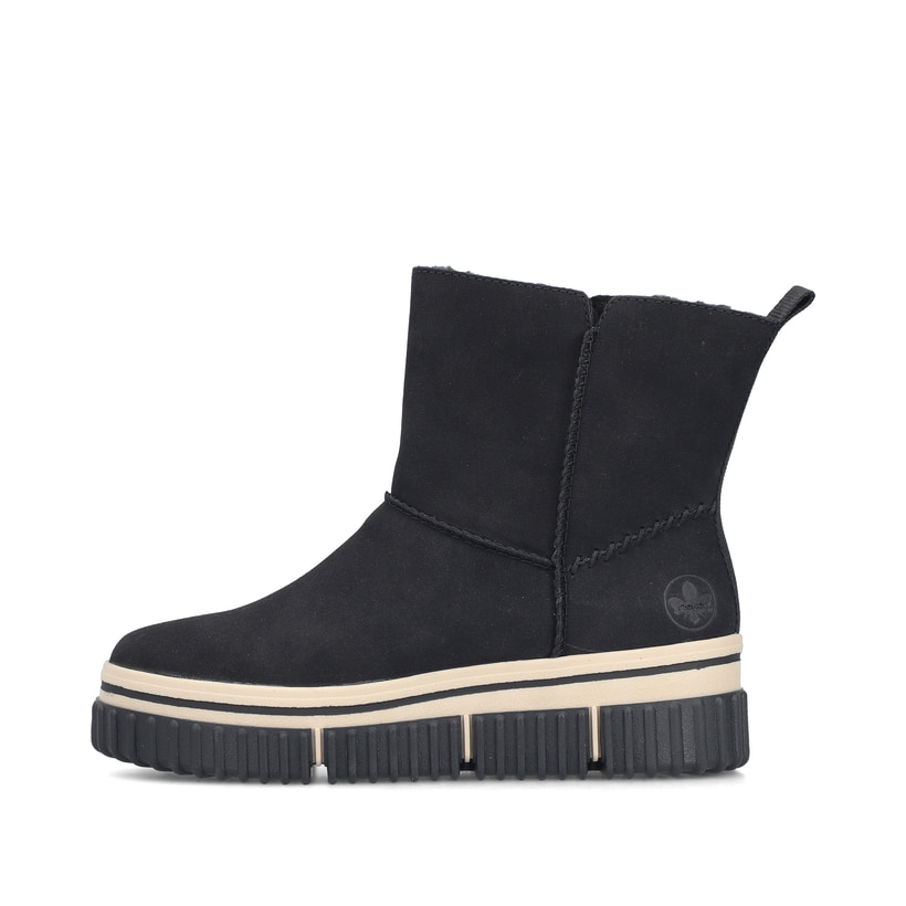 Schwarze Rieker Damen Kurzstiefel Y6364-00 mit einem Reißverschluss. Schuh Außenseite.